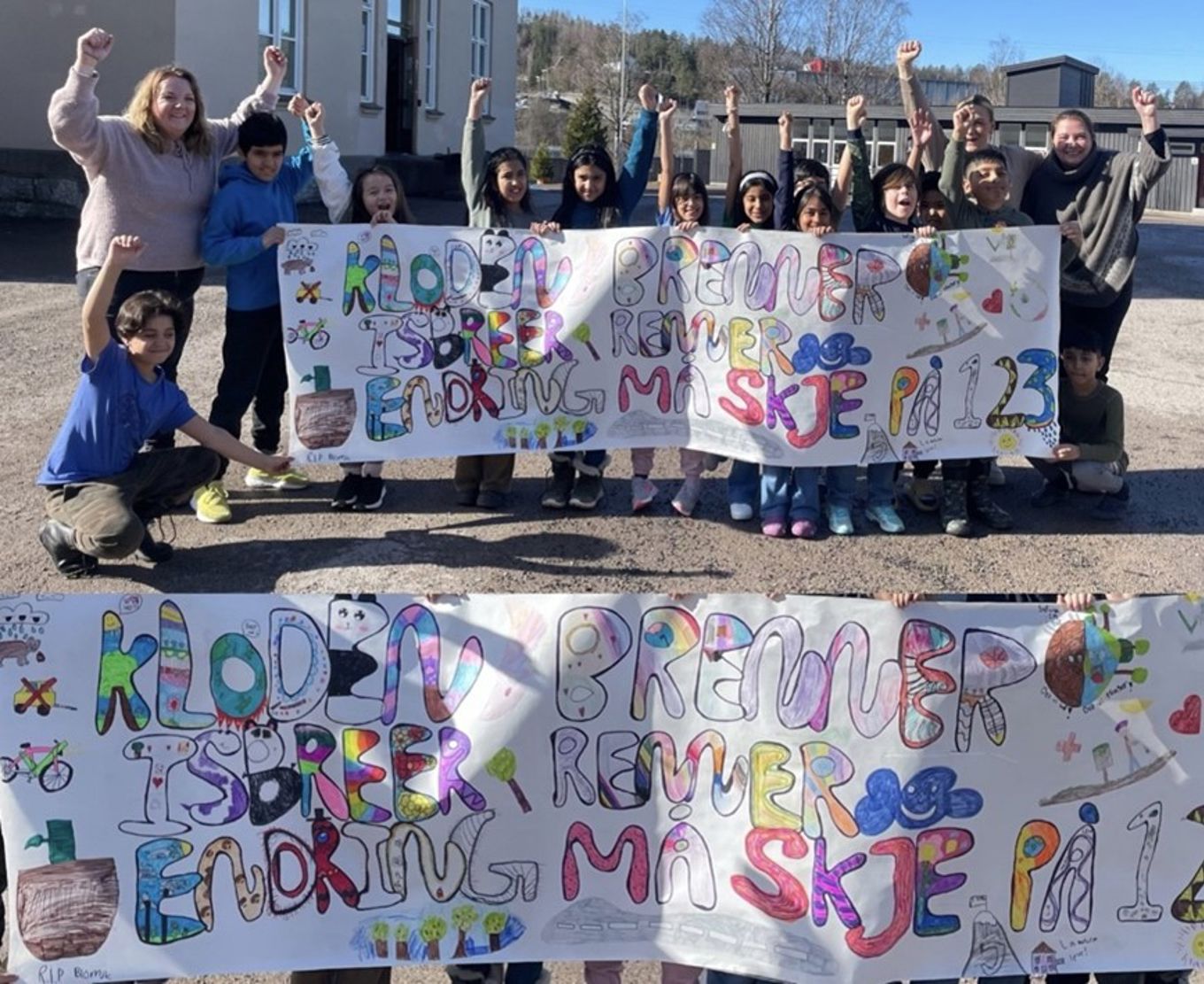 Foto: Kloden brenner, isbreer renner. Endring må skje på 1,2,3 En gruppe elever som holder et banner