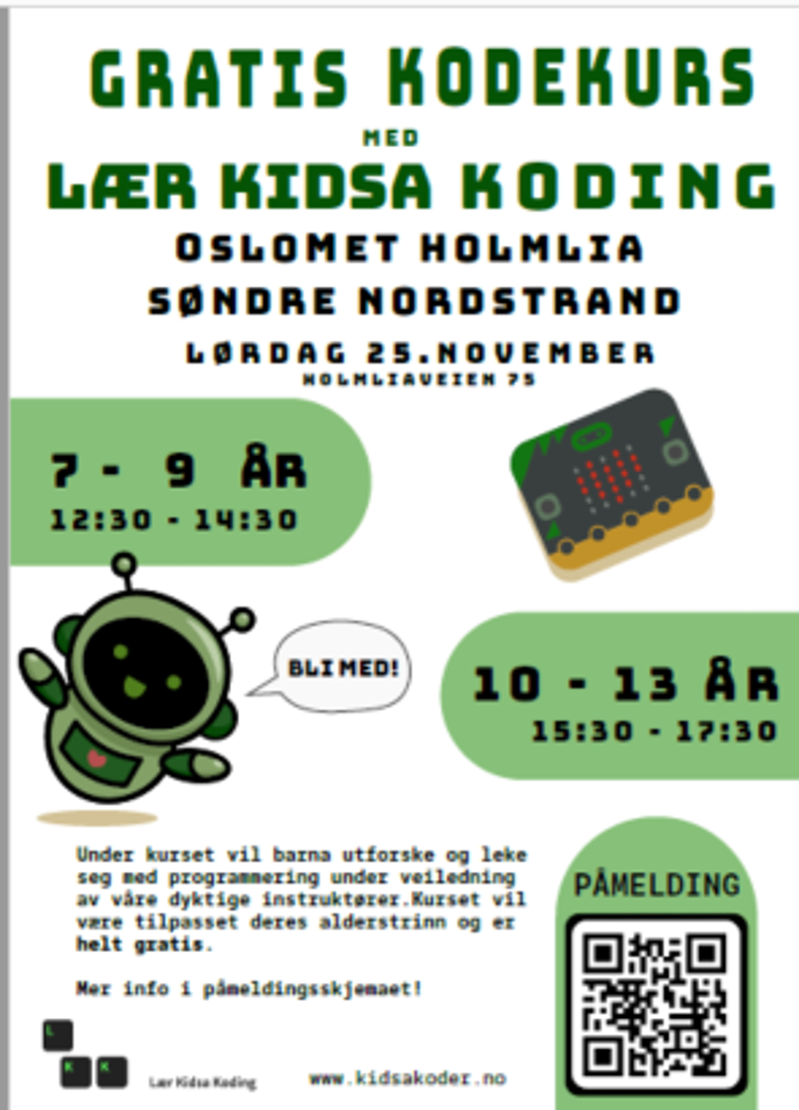 plakat med informasjon om kurs og påmelding til gratis "Lær kidsa kode"-kurs