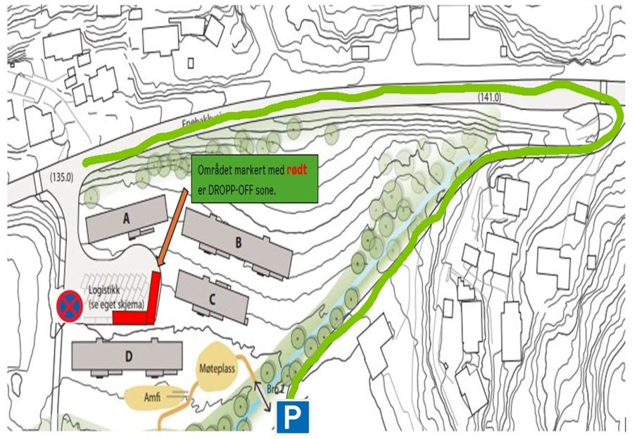 Kart over hvor "DROPP-OFF"-sonen er og hvor foresatte kan parkere ved levering og henting på Klemetsrud skole og AKS