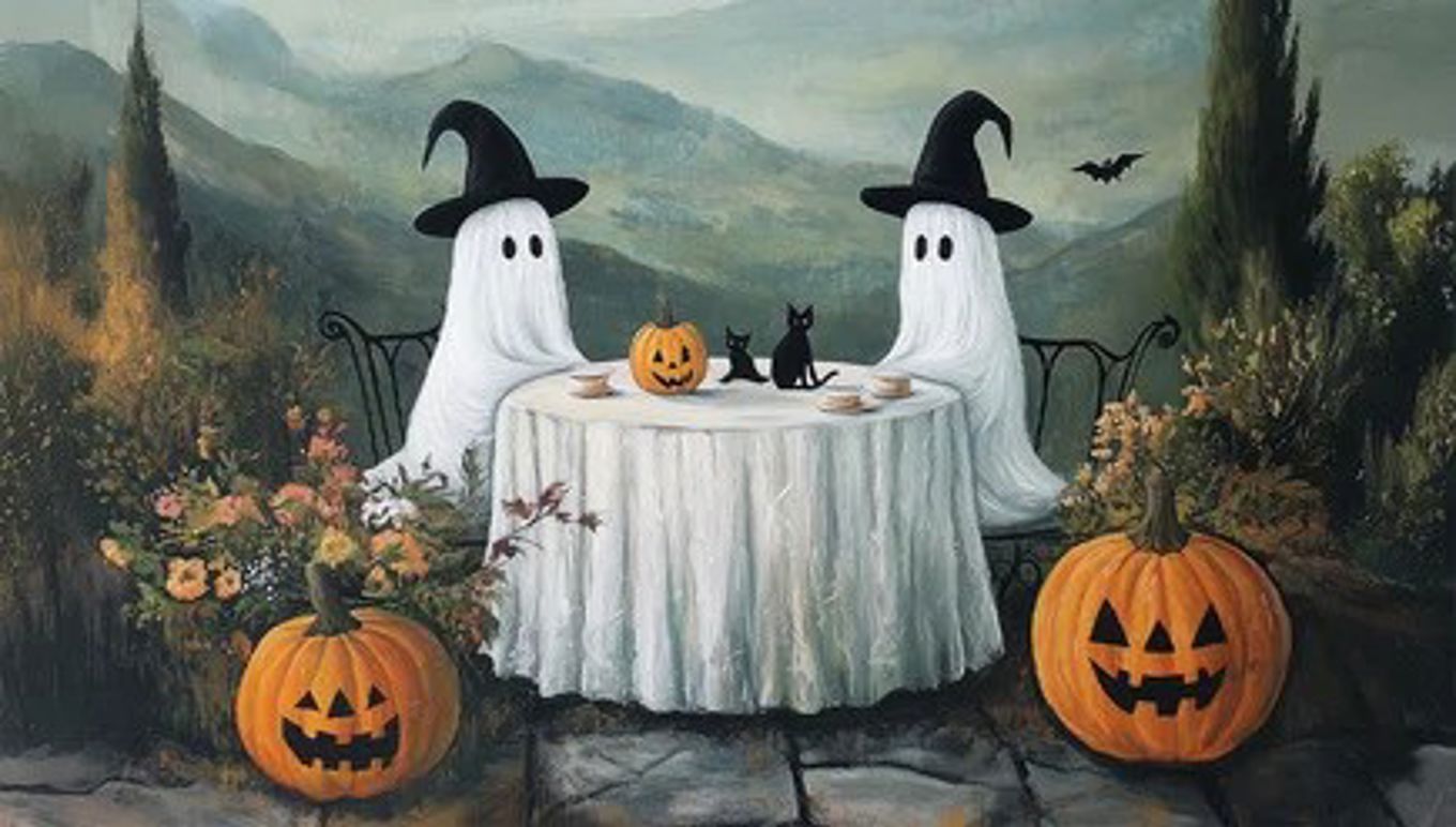 Foto: Halloween et maleri av et bord med gresskar og et par personer i spøkelseantrekk