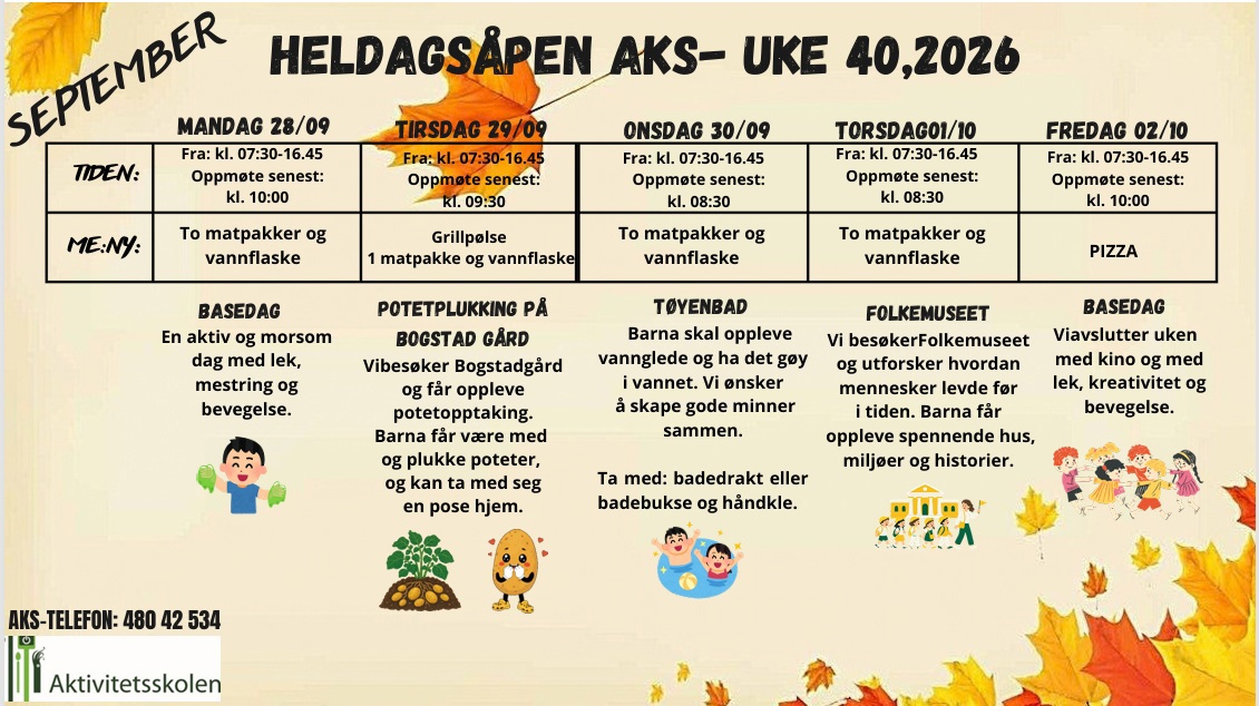 Tabell med informasjon om hva som skjer p&aring; AKS i h&oslash;stferien